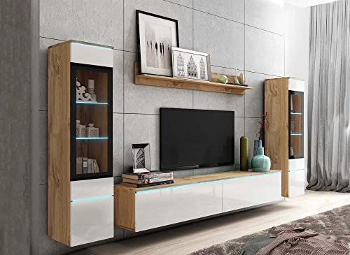 DecoInParis Meuble TV Contemporain chêne et Blanc laqué avec LED - Veronica XL
