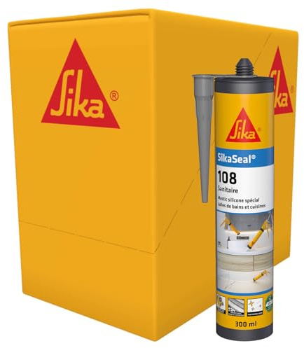 SIKA - Mastic Cuisine & Bain - SikaSeal 108 - Gris - Carton 12x300ml | Joints silicone sanitaire longue durabilité sur multi-supports - Anti-Moisissures - Idéal pour travaux de plomberie