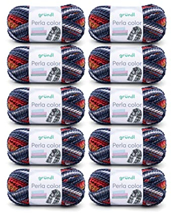 Gründl Wolle Perla color 10 x 100 g, weiß-basaltblau-rot-curry | (wollähnliches Handstrickgarn aus 100 % Polyester ,100 g / 90 m, Nadelstärke: 8 - 9 , 100 g
