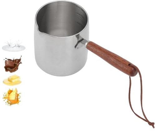 Olla Calentadora de Leche 450ml, Cafetera turca, Calentador de Mantequilla, olla para calentar leche, cacahuete pequeña de acero inoxidable con mango de madera para la fusión de chocolate, café