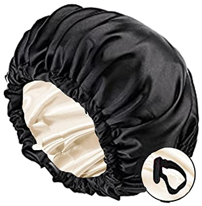 Juimtien Satin Schlafhaube Haar Mütze Mädchen Seidenmütze,Damen Lange Satin Mütze Schlafhaube Extra Große Satin Haarhaube Doppellagig Verstellbare schlafhaube Haare schützen（Schwarz）