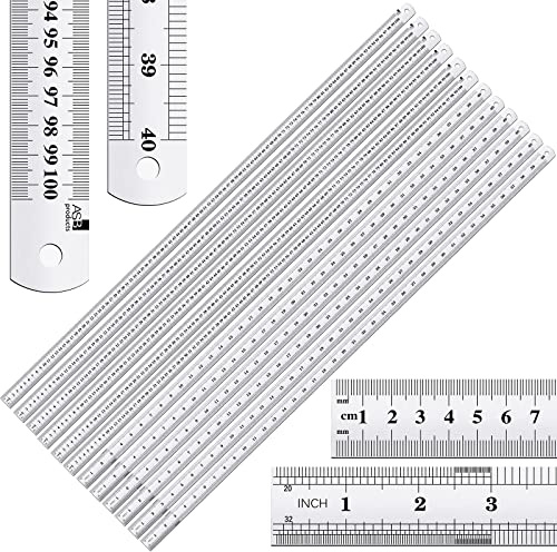 Therwen12 Pieces Stainless Steel Yard Stick Large Metal Meter Stick 40 Inches/ 100 cm Straight Edge Yardstick Metal Ruler for English Metric Measuring, Silver