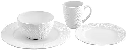 Karaca Punto - Vajilla (16 piezas, porcelana en relieve para 4 personas, platos planos, platos de postre, cuencos para cereales/sopas, tazas, vajilla blanca