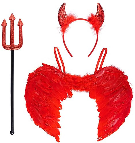 3pcs Teufel Kostüm Engel und Teufel Flügel Heugabel Teufelshörner rote Engelsflügel für Karneval kostüm Halloween Fasching Party Verkleidung