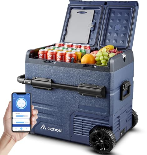 AAOBOSI 55L Kompressor Kühlbox, Dual Zone, Kühlbox Auto mit APP, USB-Handy-Ladung, LED-Beleuchtung, 12/24 V und 100-240 V, Kühlbox Kompressor mit Rädern, für Auto, Buggy, LKW, Boot, Camping und Reisen