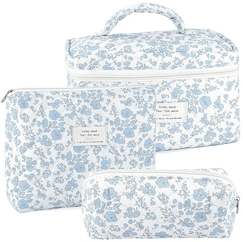 URSKYTOUS 3Pcs Makeup Bag Quilted Cosmetic Bag Set Bow Travel Large Makeup Pouch for Women Cute Portable Cotton Toiletry Bag Skincare Organizer Coquette Vintage Travel Essential