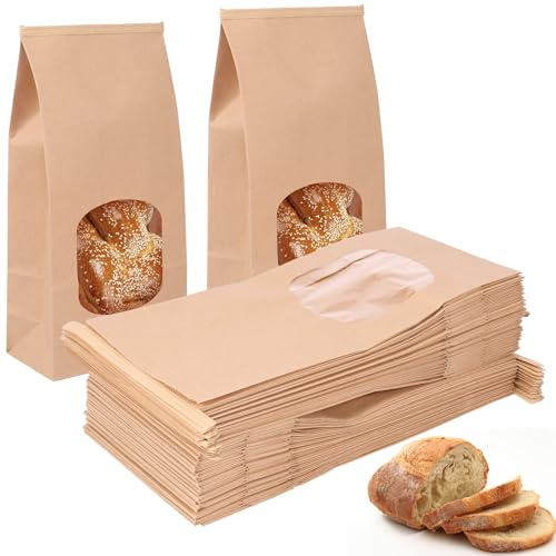 KTCINA 50Pcs Bakery Bags Paper Bread Bags with Window Loaf Bread Bags Paper Food Bag Reusable Cookie Bags Bread Toast Bags DIY Tin Tie Bags for Bread Sandwiches Beans 4.7x2.6x9.7inch