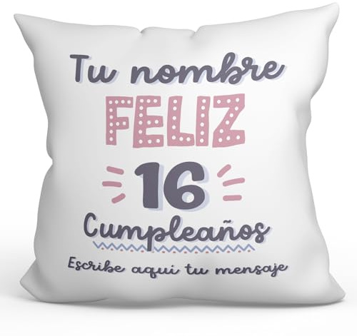 MUGFFINS Cojín Personalizable 40x40 cm Relleno Incluído para Regalar en un Feliz Cumpleaños - En Español - Feliz Cumple Rosa - Regalo Original y Divertido
