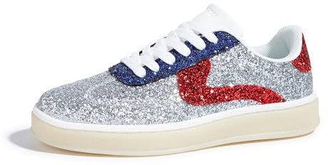 LUCKY STEP Glittersneakers för kvinnor mode retro vardaglig glittrande bling glänsande uppklädda behåliga brudbröllop halkfria promenadskor, Silver/Röd, 43 EU