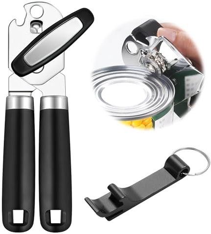 Abrelatas manual, 3 en 1 de acero inoxidable con mango antideslizante, y botón giratorio ergonómico, abrelatas de seguridad, abrelatas para personas mayores, para ancianos con artritis (negro)