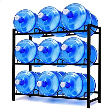 Soporte para botellas de agua de acero al carbono negro de 3 niveles, estante resistente para el hogar, oficina, cocina, organizador de almacenamiento con 9 bandejas, se adapta a jarra de agua de 5