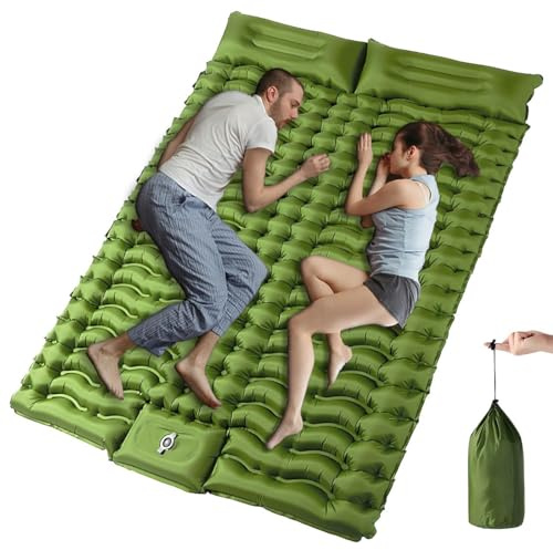 YuanDiann 200x140CM Selbstaufblasend Camping Isomatte für 2 Personen Ultraleicht Bequeme Verdicken Luftmatratze Aufblasbare Doppel Matratze Zelt Schlafmatte mit Fußpumpe & Kissen Armeegrün