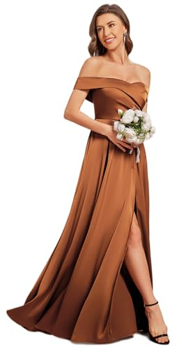 Ever-Pretty Vestido de Satén Dama de Honor Elegante para Mujer Largo con Hendidura Noche Fiesta Marrón 46