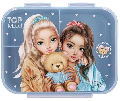 Depesche 13255 TOPModel Team Teddy - Boîte à goûter Rose, avec Motif de modèle et Carreaux, boîte à Lunch avec 3 Compartiments et Couvercle Bleu Transparent