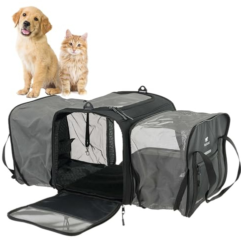 Ferplast Hundebox Voyager Carrier PRO, Transportbox Katze, Hundetasche, verstellbare Griffe und Schultergurt, Sicherheitsgurt, erweiterbar, mit Kissen, max. 15 kg, 49 x 37 x 39 h cm, Schwarz