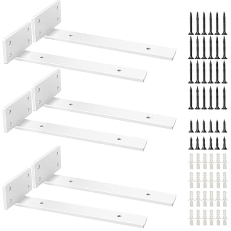 6 Pack Shelf Bracket, Floating Shelf Brackets 20 cm White | Heavy Duty Wall Mounted L Angle Shelving Brackets, 90 Degree Angle Shelf for Shelves Support Wall Hanging