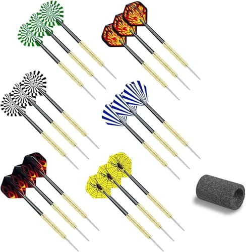 ProChosen Darts, 18 Pack Prefessional Darts Set, 15 Grams Steel Tip Dart, 6 Color Premium Aluminum Shafts and PET Flights, With Sharpening Stone, for Beginner or Professional