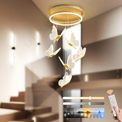 LAMPLAY Moderner Goldener LED-Kronleuchter, Dimmbar, 6 Schmetterlings-Pendelleuchte, 3000K-6000K, Mit Fernbedienung, Höhenverstellbar, Für Flur, Esszimmer, Treppenhaus, Villa, Küche