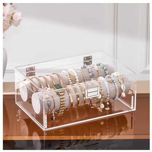 Lolalet Acrylic Bracelet Organizer Box, Clear Jewelry Display Holder for Bangles Watches, Jewellery Accessories Storage Case for Mothers Day Gifts -No Drawer