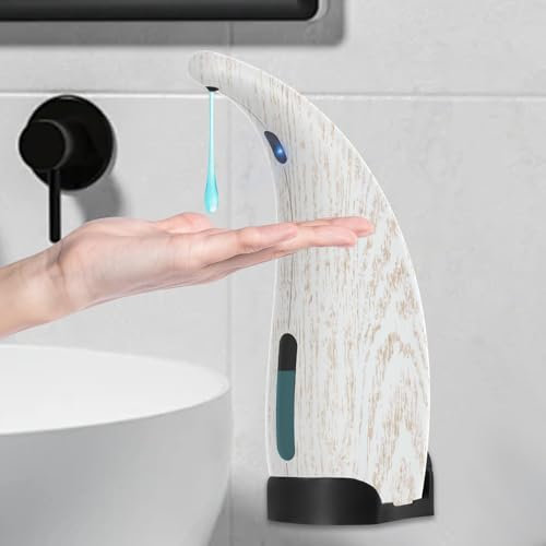 Dispenser Automatico Sapone Senza Contatto 300ml Sensore Intelligente 4 Livelli, Impermeabile IP65，alimentato a batteria，Adatto per Cucina, Bagno, Compatibile con Gel e Liquido (Grana di legno bianca)