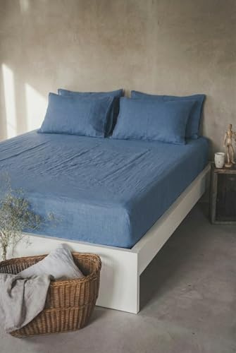 Ger3as Leinen Spannbettlaken – 100% Stonewashed Leinen – Rundumgummi – Atmungsaktiv, Temperaturregulierend & Hautfreundlich – Ohne Kissenbezüge (Blau, 90 x 200 +30 cm)