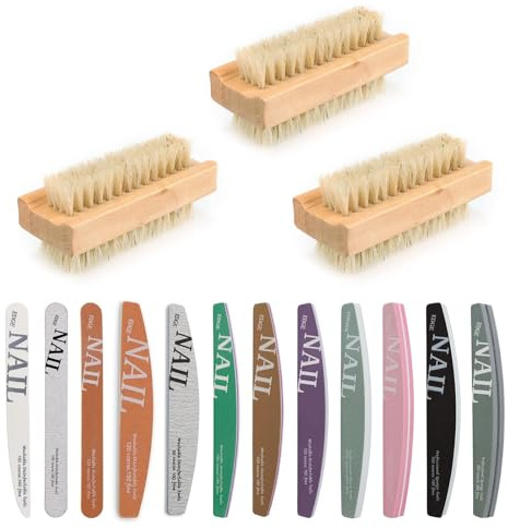 TIANLIN 3 Stück Nagelbürste Holz mit 12 Professionellen Nagelfeilen – Doppelseitige Fingerbürste & Handbürste für Maniküre, Pediküre, Hände, Fingernägel und Bad