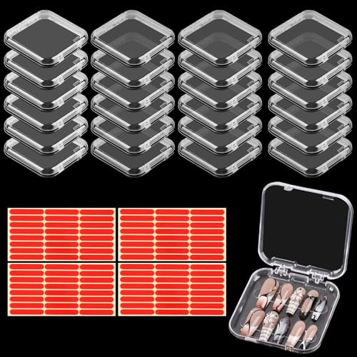 Kalolary - Juego de 24 piezas de embalaje para uñas prensadas en uñas, caja de almacenamiento transparente vacía con 4 hojas de cinta adhesiva de doble cara, pantalla transparente para uñas postizas