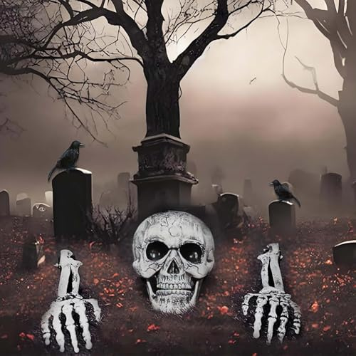 FZYCOM Halloween Deko Outdoor, Deko Horror Skelett Schädel, Totenkopf, Skelett Hände lebensgroß, Krähe, Halloween Knochen Ideal für Garten, Innenraum, Auto Horror Atmosphäre
