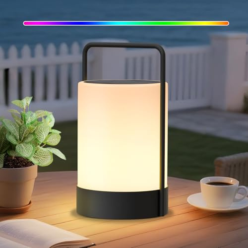 uuffoo Solar Lantern LED Outdoor Waterproof Table Lamp Cordless Metal Frame IP44 Weather Resistant RGB and Warm White 7-15H Battery Life for Indoor Outdoor Patio Camping Restaurant Terrace By the Pool