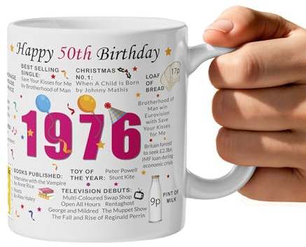 Print A Sock 50th Birthday Mug (2026) - Born in 1976 Facts - Back in 1976 - Unique Birthday Gift - Keepsake Mug for Him, Her, Friend, Husband, Wife, Mum, Dad (Pink, 50th Birthday)
