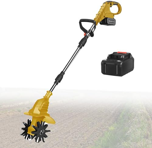 Cordless Garden Rotavator with 21V Battery, Garden Cultivator with 25cm Tilling Depth and 20cm Tilling Width, Electric Tiller for Garden, Yard,Yellow-FourBlades-1battery