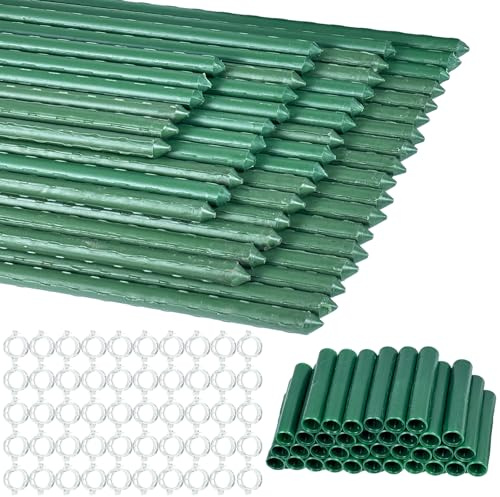 50 Pflanzstäbe Rankhilfe,11 mm x 40 cm Kunststoffbeschichtete Stahlrohre, Robust und Langlebig mit 36 Verbinder, 50 Transparenten Clips für Erbsen, Gurken,Tomaten