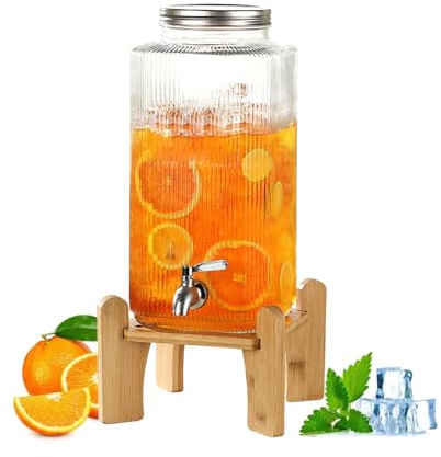 Dispensador de Bebidas de Cristal con Grifo - Garrafa de Cristal de Boca Ancha con Tapa y Soporte de Bambú para zumos helados, agua, bebidas caseras, fiestas, bodas,8L