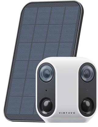 VIRTAVO XM1, Telecamera WiFi Esterno Senza Fili, Doppia Lente Vista Panoramica 160°, Videocamera di Sorveglianza con Pannello Solare, Visione Notturna Starlight a Colori, Rilevamento PIR, Bianco