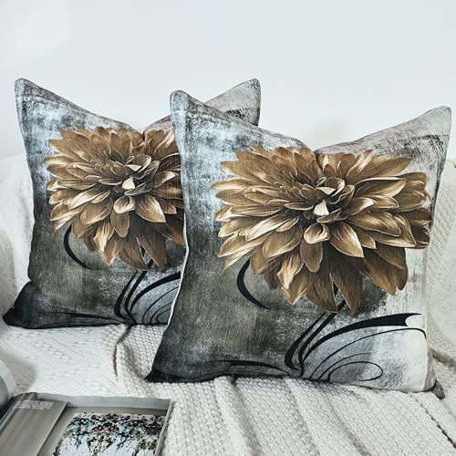 Chenille Floral Cushion Covers 45x45 Set 2 Soft Throw Pillow Cases Grey