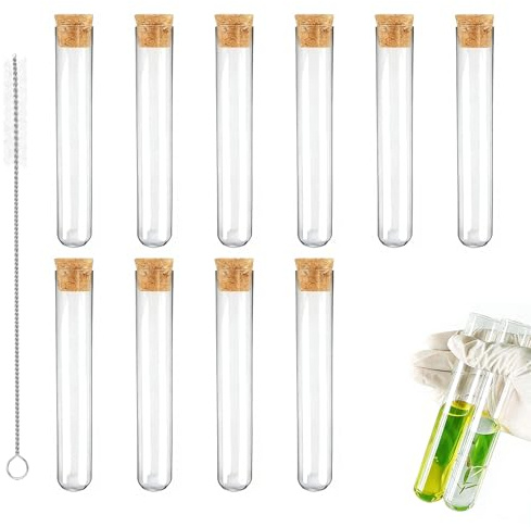 Reagenzglas mit Korken 10 Stück 16×100mm Kunststoff Laborröhrchen – für Blumen, Gewürze, DIY, Partydekoration, Mini Reagenzgläser mit Korken und 2x 175mm Reinigungsbürsten für vielseitige Anwendungen