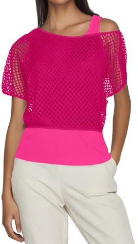 80er 90er Jahre Outfit Damen, Netzoberteil Tank Top Netzshirt Mesh Oberteil Netztop Kostüm 80er Jahre Neon Shirt 80s Aerobic Outfit mit Accessoires Off Shoulder Mottoparty Karneval Fasching Kleidung