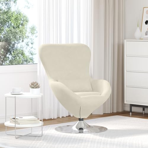 WEMYUFURN Ei-Stuhl Creme Samt Drehsessel mit gepolsterten Armlehnen und bequemem Kissen für Wohnzimmer oder Büro, moderner Designerstuhl in cremefarbenem Stoff, schwenkbar