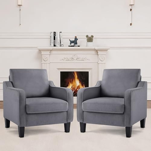 XH.Easy Go 2er-Set Sessel Wohnzimmer, Modern Ohrensessel mit Armlehnen Dickem Kissen,Polsterter Leinenstoff-Single-Sofa für kleine Räume, Bequemer Sessel Schlafzimmer, Dunkelgrau