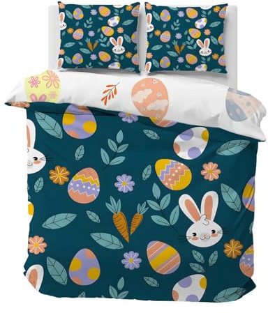 Boceoey Pâques Housse de Couette 220x240 Lapin Blanc, 2 Taies d’Oreiller 65x65 - Parure de Lit Réversible Œufs Zigzag Carottes, Linge de Lit 2 Personnes en Microfibre avec Fermeture Éclair, QW-753