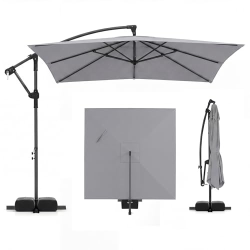 COSTWAY Sonnenschirm mit Ständer, 250 x 250 cm Ampelschirm mit Kurbel | 360° drehbar, quadratischer Gartenschirm, Marktschirm, Terrassenschirm für Garten, Terrasse, Grau