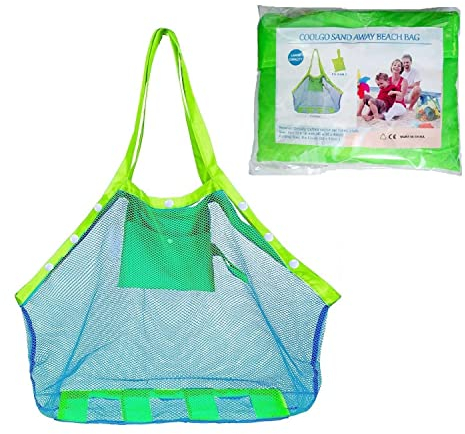 COOLGOEU Strandtasche Strandspielzeug Tasche XXL Groß für Sandspielzeug Wasserspielzeug für Kinder Aufräumsack Spielsack Badetasche Beachbag Faltbar für Familie Urlaub (Blau Mesh/Grün Strap)
