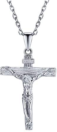 U7 Kruzifix Halskette Damen 925 Sterlingsilber Kette und Kreuz Anhänger Weißgold überzogen katholischen religiöser Modeschmuck Accessoire für Frauen Jahrestag Weihnachten
