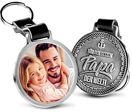 schenkYOU Premium „Für den besten Papa der Welt“ - Foto-Schlüsselanhänger aus METALL mit dunklem Echtleder und Gravur - personalisierte Geschenkidee zu für Muttertag