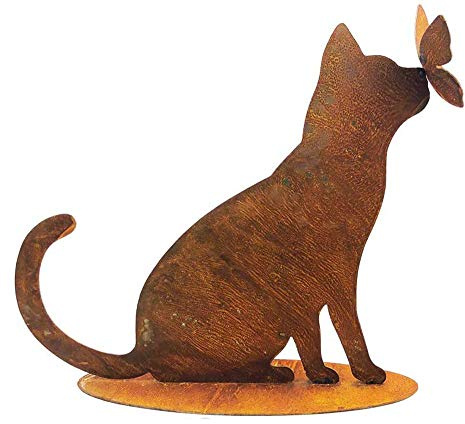 itsisa Rost Katze mit Schmetterling (Katze mit Schmetterling auf Nase) - Dekofigur, Rostfigur, Garten Deko