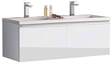 StoneArt Badmöbel Set mit Mineralguss Waschbecken und Unterschrank Waschtisch als Einzel- oder Doppelwaschbecken mit Unterschrank ohne Armaturen Milano ME-1200 weiß 120cm