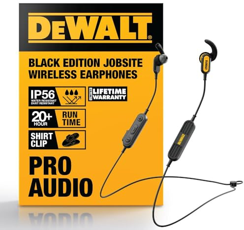 DEWALT Heavy Duty Neckband Bluetooth Earbuds, Wireless Bluetooth 5.2 Headphones w/Microphone, Lightweight Comfort, IP56 Waterproof, Deep Bass Strong Beat, 20H Playtime, Jobsite Behind-Neck Earphones