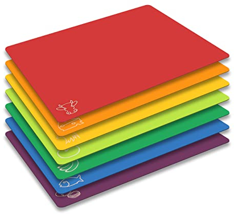 Cutting Board Mats Flexible Plastic Colored Mats with Food Icons, Fotouzy BPA-Free, Non-Porous, Anti-Skid Back and Dishwasher Safe, Set of 7