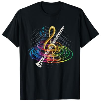 Klassik Musik Klarinette T-Shirt Notenschlüssel Klarinette Design Unisex-Erwachsene, Unisex-Kinder Schwarz S Kurzarm Klassische Passform Klassisch Crew-Ausschnitt T-Shirt