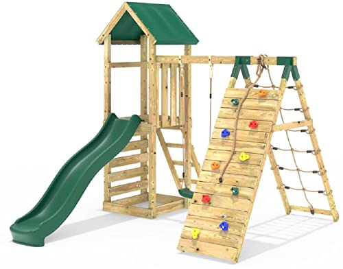 Rebo® Children's Challenge Wooden Climbing Frame with Swings, Slide and Up and Over Climbing Wall - Bear | Sturdy Wooden Construction, Pressure Treated Timber | OutdoorToys |